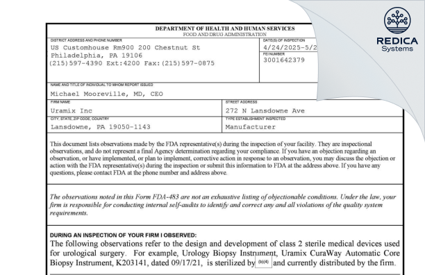 FDA 483 - URAMIX, INC. [Lansdowne / United States of America] - Download PDF - Redica Systems