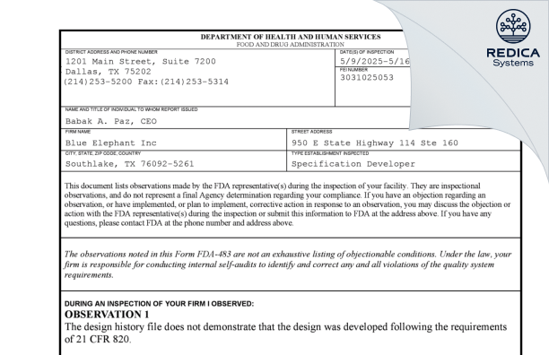 FDA 483 - BLUE ELEPHANT INC [Fort Worth / United States of America] - Download PDF - Redica Systems