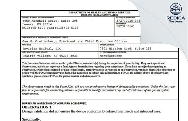 FDA 483 - INVISIAN MEDICAL LLC [Prairie Village / United States of America] - Download PDF - Redica Systems