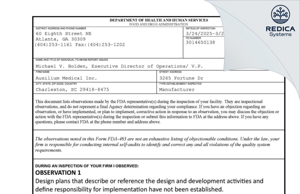 FDA 483 - Auxilium Medical, Inc. [North Charleston / United States of America] - Download PDF - Redica Systems