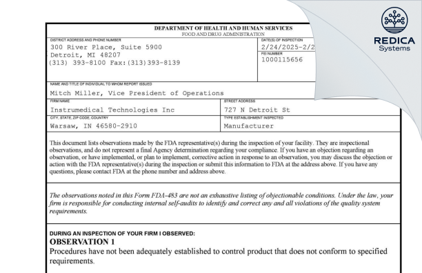 FDA 483 - INSTRU-MED TECHNOLOGIES [Warsaw / United States of America] - Download PDF - Redica Systems