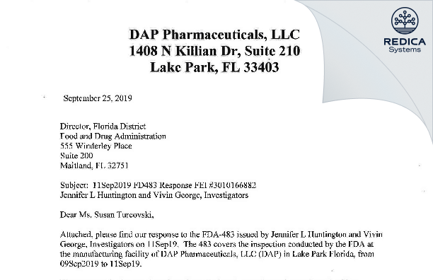 FDA 483 Response - DAP Pharmaceuticals, LLC [West Palm Beach / United States of America] - Download PDF - Redica Systems