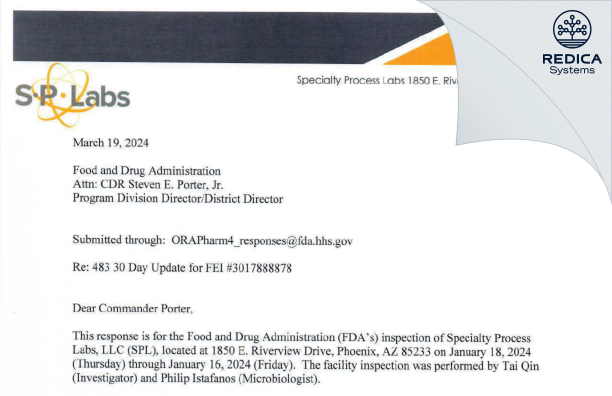 FDA 483 Response - Specialty Process Labs [Phoenix / United States of America] - Download PDF - Redica Systems
