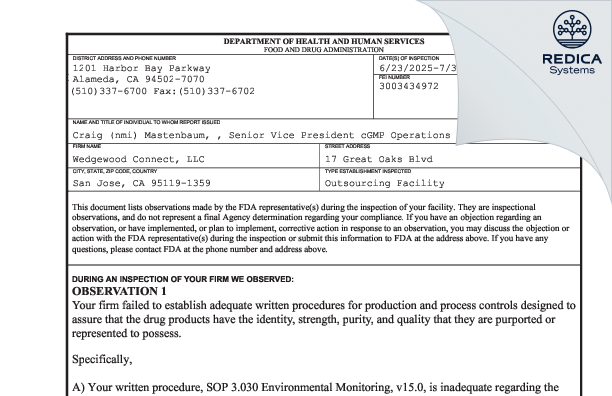 FDA 483 - Wedgewood Connect, LLC [San Jose / United States of America] - Download PDF - Redica Systems