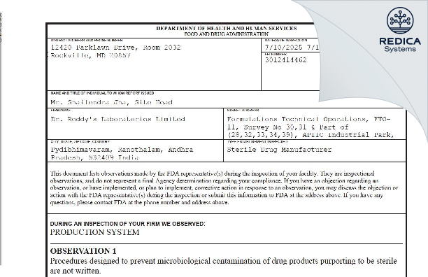FDA 483 - DR REDDY'S LABORATORIES LIMITED [Ranastalam / India] - Download PDF - Redica Systems