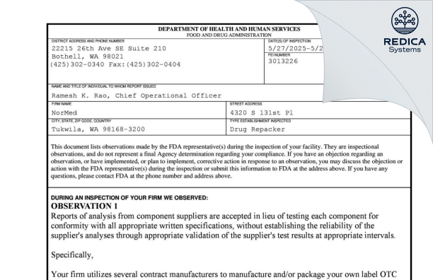 FDA 483 - NorMed [Tukwila / United States of America] - Download PDF - Redica Systems