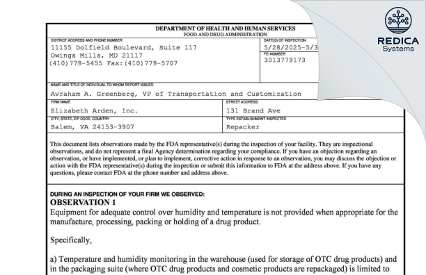 FDA 483 - Elizabeth Arden Inc [Salem / United States of America] - Download PDF - Redica Systems