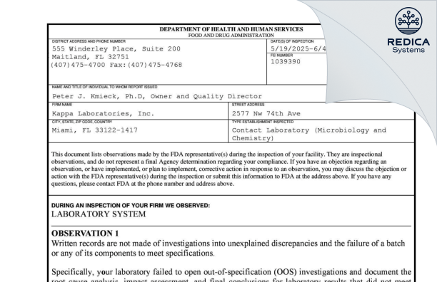 FDA 483 - Kappa Laboratories, Inc. [Miami / United States of America] - Download PDF - Redica Systems