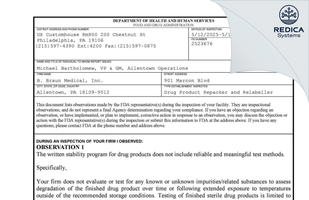 FDA 483 - B. Braun Medical Inc. [Allentown / United States of America] - Download PDF - Redica Systems