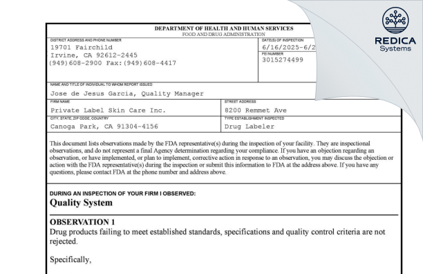 FDA 483 - Private Label Skin Care [Canoga Park / United States of America] - Download PDF - Redica Systems
