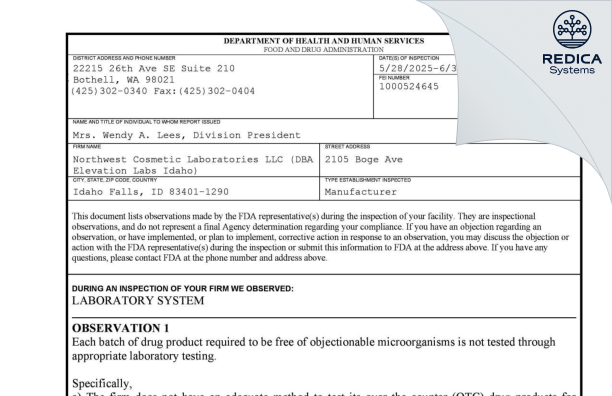 FDA 483 - Northwest Cosmetic Laboratories L.L.C. DBA Elevation Labs, Idaho [Idaho Falls / United States of America] - Download PDF - Redica Systems
