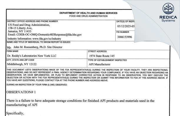 FDA 483 - DR. REDDY'S LABORATORIES NEW YORK LLC [Middleburgh / United States of America] - Download PDF - Redica Systems