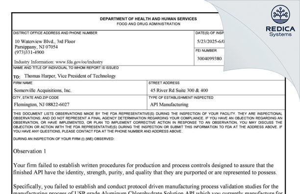 FDA 483 - Somerville Acquisitions Co., Inc. [Flemington / United States of America] - Download PDF - Redica Systems