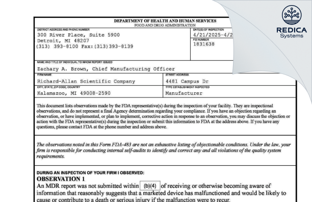 FDA 483 - Richard-Allan Scientific Company [Kalamazoo / United States of America] - Download PDF - Redica Systems