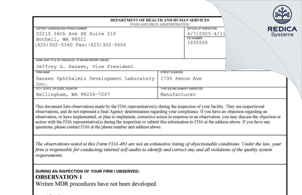 FDA 483 - Hansen Ophthalmic Development Lab Inc [Coralville / United States of America] - Download PDF - Redica Systems