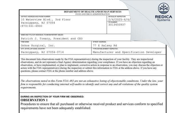 FDA 483 - Onkos Surgical, Inc. [Parsippany / United States of America] - Download PDF - Redica Systems