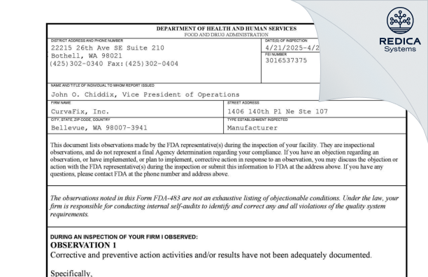 FDA 483 - CurvaFix, Inc. [Bellevue / United States of America] - Download PDF - Redica Systems