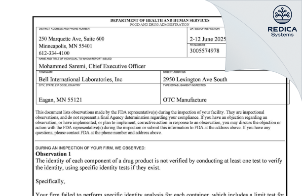 FDA 483 - Bell International Laboratories, Inc [Saint Paul / United States of America] - Download PDF - Redica Systems