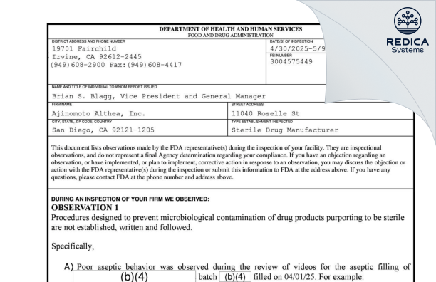 FDA 483 - Ajinomoto Althea, Inc. [San Diego / United States of America] - Download PDF - Redica Systems
