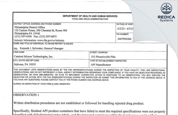FDA 483 - Catalent Micron Technologies, Inc. [Malvern / United States of America] - Download PDF - Redica Systems