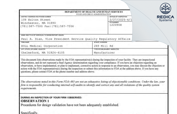 FDA 483 - ZOLL Medical Corporation [Chelmsford / United States of America] - Download PDF - Redica Systems