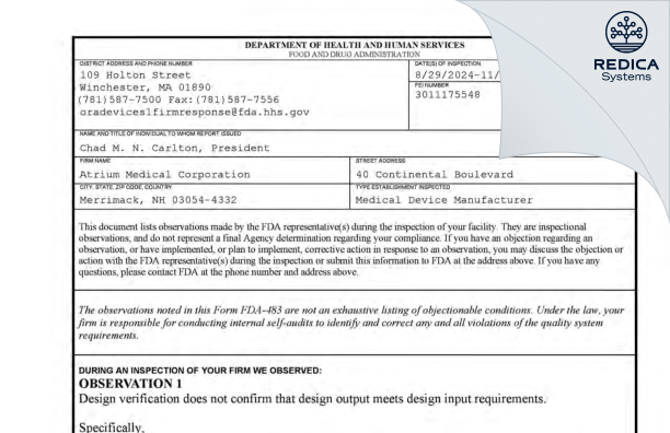 FDA 483 - Atrium Medical Corporation [Merrimack / United States of America] - Download PDF - Redica Systems