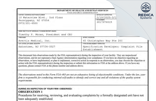 FDA 483 - Angel Medical Systems, Inc. [Eatontown / United States of America] - Download PDF - Redica Systems