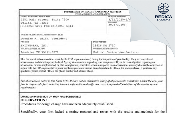 FDA 483 - SMITHWORKS, INC. [Lindale / United States of America] - Download PDF - Redica Systems