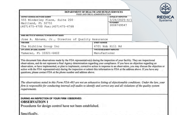 FDA 483 - The Richline Group, Inc. [Tamarac / United States of America] - Download PDF - Redica Systems