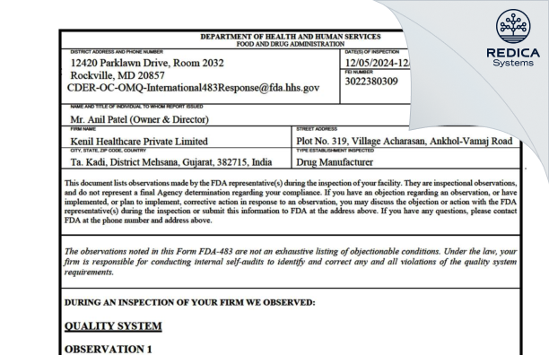 FDA 483 - KENIL HEALTHCARE PRIVATE LIMITED [Mehsana / India] - Download PDF - Redica Systems