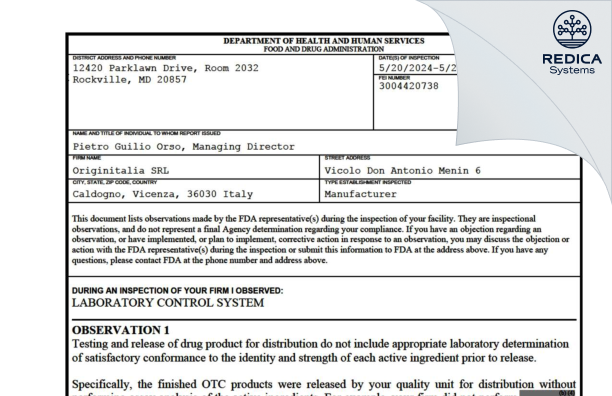 FDA 483 - Originitalia SRL [Caldogno / Italy] - Download PDF - Redica Systems