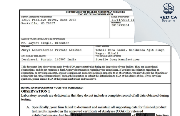FDA 483 - ABRYL LABORATORIES PRIVATE LIMITED [Derabassi Sub-District / India] - Download PDF - Redica Systems