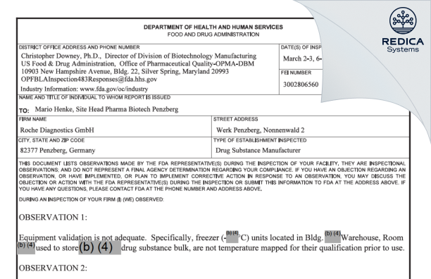 FDA 483 - Roche Diagnostics GmbH [Penzberg / Germany] - Download PDF - Redica Systems