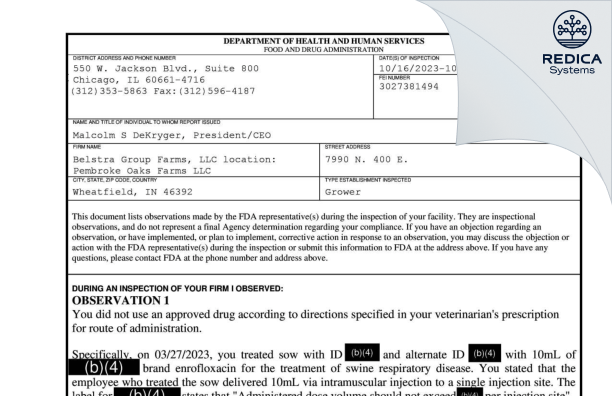 FDA 483 - Belstra Group Farms, LLC location: Pembroke Oaks Farms LLC [Wheatfield / United States of America] - Download PDF - Redica Systems