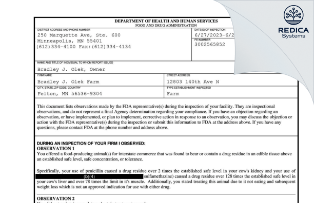 FDA 483 - Bradley J. Olek Farm [Felton / United States of America] - Download PDF - Redica Systems