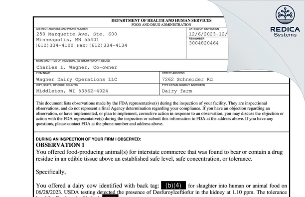 FDA 483 - Wagner Dairy Operations LLC [Middleton / United States of America] - Download PDF - Redica Systems