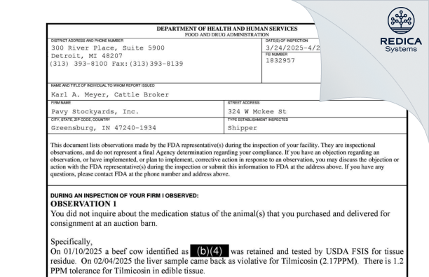 FDA 483 - Pavy Stockyards, Inc. [Greensburg / United States of America] - Download PDF - Redica Systems