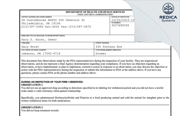 FDA 483 - Gary Horst [Lebanon / United States of America] - Download PDF - Redica Systems