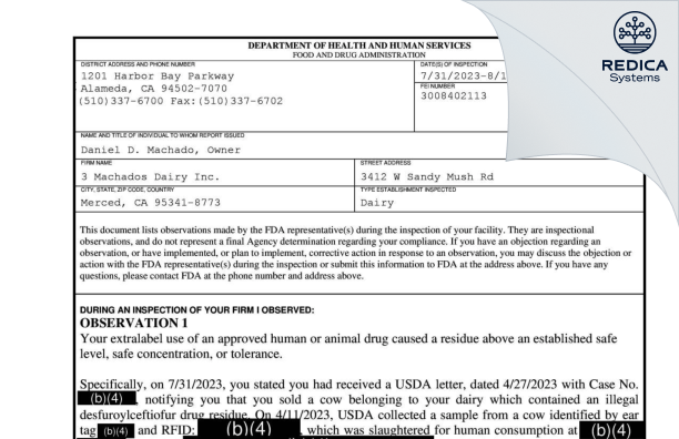 FDA 483 - 3 Machados Dairy Inc. [Merced / United States of America] - Download PDF - Redica Systems