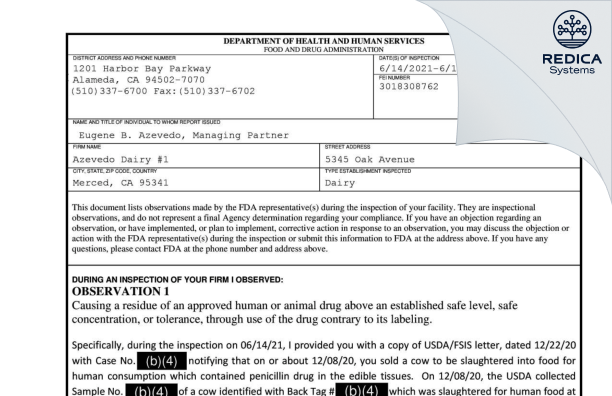 FDA 483 - Azevedo Dairy #1 [Merced / United States of America] - Download PDF - Redica Systems