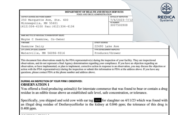 FDA 483 - Saemrow Dairy [Waterville / United States of America] - Download PDF - Redica Systems
