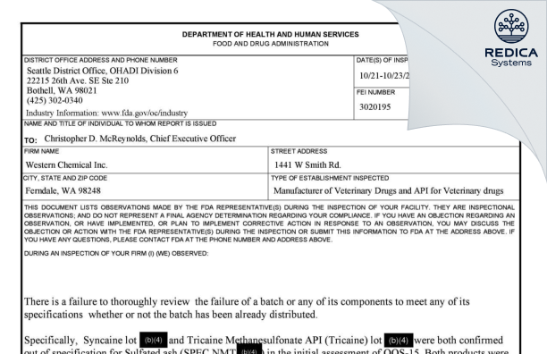 FDA 483 - Western Chemical Inc. [Ferndale / United States of America] - Download PDF - Redica Systems