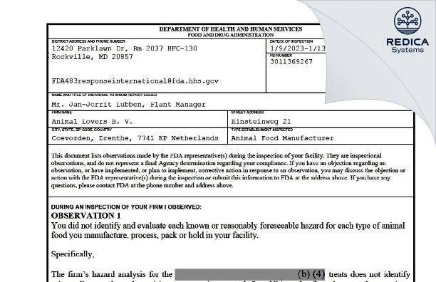 FDA 483 - Animal Lovers B. V. [Coevorden / Netherlands] - Download PDF - Redica Systems