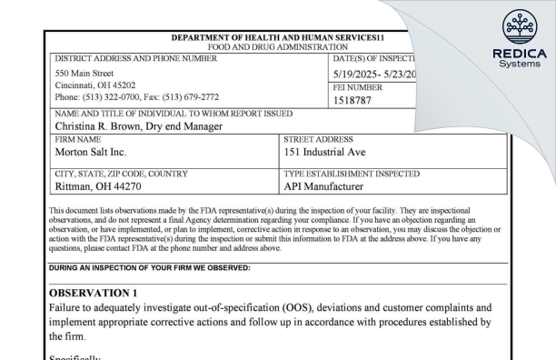 FDA 483 - Morton Salt, Inc. [Rittman / United States of America] - Download PDF - Redica Systems