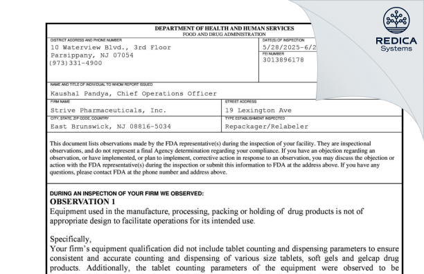 FDA 483 - Strive Pharmaceuticals Inc. [East Brunswick / United States of America] - Download PDF - Redica Systems