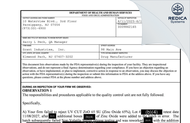 FDA 483 - Grant Industries Inc. [Elmwood Park / United States of America] - Download PDF - Redica Systems