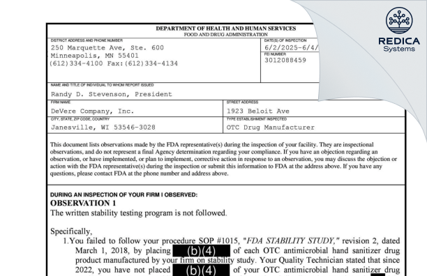 FDA 483 - DeVere Company, Inc. [Janesville / United States of America] - Download PDF - Redica Systems