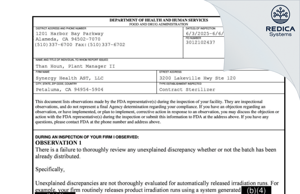FDA 483 - Synergy Health AST, LLC [Petaluma / United States of America] - Download PDF - Redica Systems