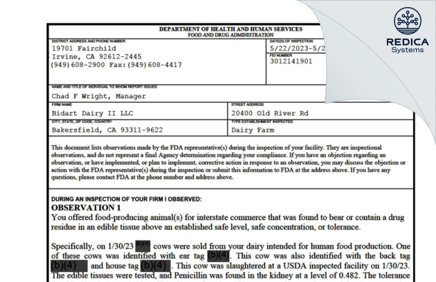 FDA 483 - Bidart Dairy II LLC [Bakersfield / United States of America] - Download PDF - Redica Systems