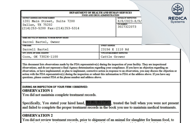FDA 483 - Darrell Bartel [Corn / United States of America] - Download PDF - Redica Systems